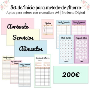 May include: A set of printable budgeting and savings worksheets in pastel colors. The worksheets include sections for rent, services, food, and a savings fund. There are also worksheets for tracking cash and completing challenges. The text on the image reads "Set de Inicio para metodo de Ahorro Aptos para sobres con cremallera A6 Producto Digital" and "200€".