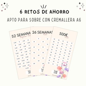 May include: Three printable charts for a 52-week, 26-week, and 500 euro savings challenge. Each chart has a grid with weekly amounts to save, and a total savings amount at the bottom. The charts are decorated with watercolor flowers.