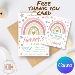 Rainbow Gold Birthday Invitation for Girls | Stars Modern Boho Rainbow | Fun Girls Birthday Invitation Template | Editable Printable | Canva