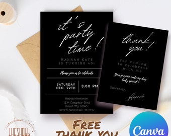 Modern Minimal Black Birthday Invitation | Minimalist Birthday |  Modern Birthday Invitation Template | Simple Editable Printable | Canva
