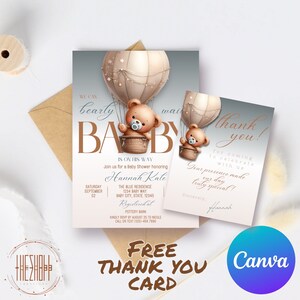 Invito in mongolfiera con orsacchiotto / Invito per baby shower a tema orso / Possiamo aspettare con pazienza modello di invito / Stampabile modificabile / Canva
