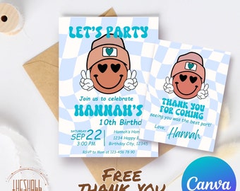 Blue Birthday Invitation for Kids | Smiley Face Birthday | Fun Modern Kids Birthday Invitation Template | Editable Printable | Canva