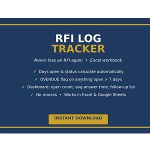 May include: A dark blue RFI LOG TRACKER digital spreadsheet template with gold text. Features include automated status calculations, overdue flags for items open over 7 days, a dashboard with answer time metrics, and compatibility with Excel and Google Sheets.