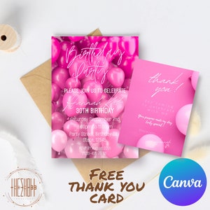 Shades of Pink Birthday Invitation | Pink Birthday Theme | Fun Modern Girls Birthday Invitation Template | Editable Printable | Canva