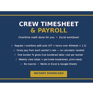 Może przedstawiać: Ciemnoniebieski dokument cyfrowy zatytułowany CREW TIMESHEET & PAYROLL z żółtymi akcentami tekstowymi. Zawiera funkcje takie jak automatyczne obliczanie nadgodzin, płaca brutto, koszty pracy oraz kompatybilność z programem Excel.