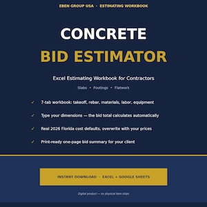 Op de afbeelding: Een donkerblauw digitaal betonofferte-werkboek voor aannemers. De tekst bevat EBEN GROUP USA, CONCRETE BID ESTIMATOR, Excel Estimating Workbook for Contractors, Slabs, Footings, Flatwork, en functies voor materiaal, arbeid en 2026 Florida-kosten.