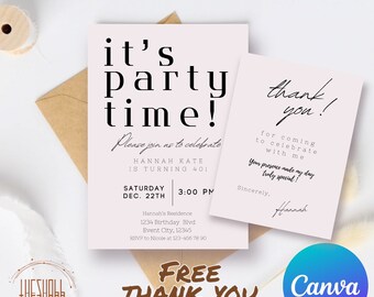 É tempo do partido moderno cora convite do aniversário de <br> Crie Seu Próprio Produto! Aniversário minimalista | Modelo moderno de convite de aniversário | Simples editável para impressão
