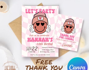 Pink Birthday Invitation for Girls | Smiley Face Birthday | Fun Modern Girls Birthday Invitation Template | Editable Printable | Canva