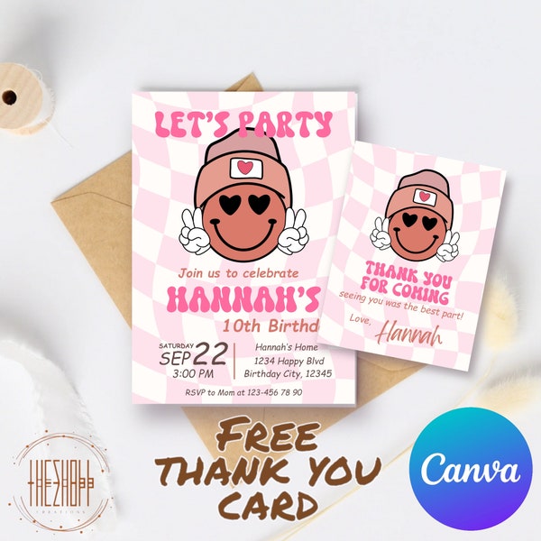 Pink Birthday Invitation for Girls | Smiley Face Birthday | Fun Modern Girls Birthday Invitation Template | Editable Printable | Canva