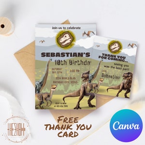 Dinosaurus verjaardagsuitnodiging sjabloon voor kind | Dinosaurus verjaardagsthema | Leuke Dino verjaardagsuitnodiging sjabloon | Bewerkbare afdrukbare | Kanva
