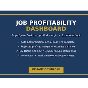 Può includere: Un grafico digitale di dashboard blu scuro intitolato JOB PROFITABILITY DASHBOARD in testo bianco e oro. Elenca funzionalità tra cui proiezione EAC, monitoraggio di profitti e margini, indicatori di stato e compatibilità con Excel e Google Sheets.