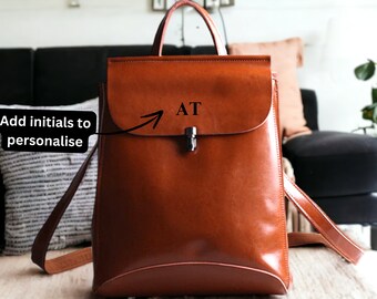 Gegraveerde lederen mini-rugzak, gepersonaliseerde Tan lederen tas, ideaal cadeau voor haar, dames lederen tas, alledaagse lederen tas, verjaardagscadeau