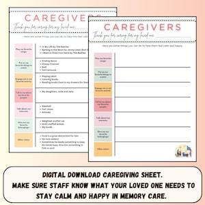 Memory Care Sheet for Alzheimer&#39;s  and Dementia | Caregiver Tips to Keep Loved Ones Calm and Happy | Digital Download |