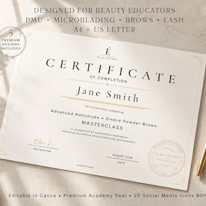 5 Editable Beauty Academy Certificate Templates, PMU Training, Microblading (Digital Download)