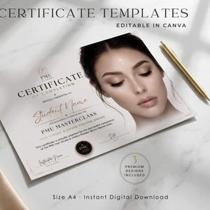 Paquete de plantillas para certificado de finalización, 3 certificados de belleza editables, certificado de formación en maquillaje permanente, técnica pelo a pelo, cejas en polvo.