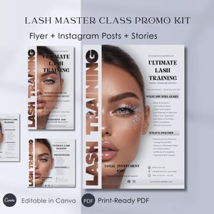 Puede incluir: Kit promocional para una clase magistral de pestañas, con un folleto, publicaciones de Instagram e historias. El diseño presenta el rostro de una mujer con un maquillaje de ojos llamativo y el texto "Ultimate Lash Training". El kit es editable en Canva y listo para imprimir en PDF.