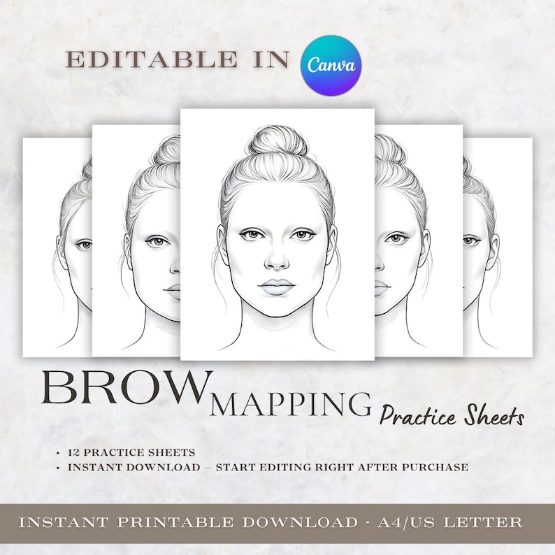 Eyebrow Mapping Practice Sheets: Editable Face Chart Canva Template ...