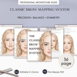 Può includere: Una guida intitolata "CLASSIC BROW MAPPING SYSTEM" con le parole "PRECISION, BALANCE, SYMMETRY". La guida presenta illustrazioni del volto di una donna con diagrammi di mappatura delle sopracciglia. La guida è di 36 pagine ed è modificabile in Canva e PDF pronto per la stampa.