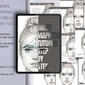 Op de afbeelding: Een digitale wenkbrauwmapping-tutorial met de tekst "BROW MAPPING TUTORIAL STEP BY STEP". De gids bevat illustraties van gelaatstrekken met geometrische lijnen voor precisie en evenwicht. De gids is een professionele architectuurgids.