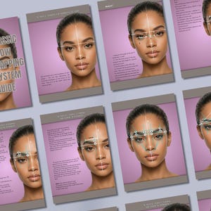 May include: A series of printed guides for brow mapping. Each guide shows a woman's face with geometric lines, demonstrating the brow mapping system. The guides have a pink and grey colour scheme, with the text "CLASSIC BROW MAPPING SYSTEM GUIDE".