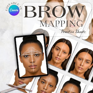 May include: A digital tablet shows a face with brow mapping lines, with practice sheets around it. The text "BROW MAPPING Practice Sheets" is visible. The Canva logo is in the upper left corner. The image is for beauty professionals.