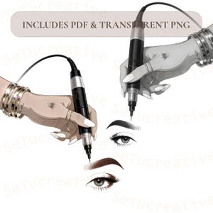 Könnte beinhalten: Illustration von zwei Händen, die schwarze und silberne Permanent-Make-up-Stifte halten, mit einem Tattoo und Schmuck. Das Bild enthält zwei Augenbrauen- und Augenpaare, eines in Schwarz und eines in Braun. Der Text oben lautet "INCLUDES PDF & TRANSPARENT PNG".
