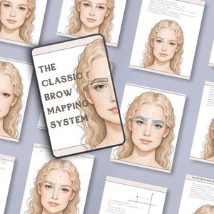 May include: A digital tablet displays "THE CLASSIC BROW MAPPING SYSTEM" text, surrounded by printed pages with illustrations of a woman's face and brow mapping diagrams. The images feature a light-skinned woman with blonde wavy hair.