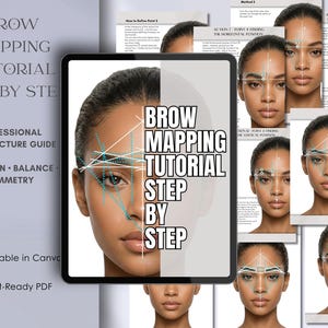 May include: A digital brow mapping tutorial displayed on a tablet, featuring step-by-step instructions and diagrams. The tutorial includes the text "Brow Mapping Tutorial Step by Step" and "Professional Architecture Guide". Additional pages show facial diagrams.