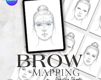 May include: A digital tablet displays a face with brow mapping lines, with the text "EDITABLE IN Canva". The image is surrounded by practice sheets with similar face sketches. The text "BROW MAPPING Practice Sheets" is displayed below the tablet.