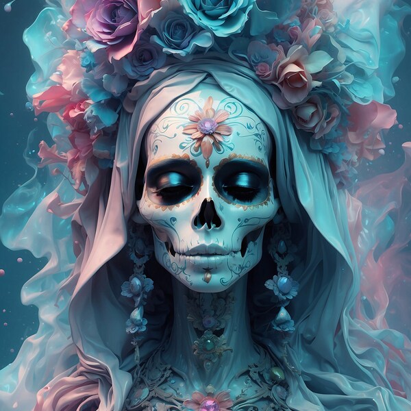 Santa Muerte : meilleure qualité, peinture numérique, extrêmement lisse, fluide, fractales 3D, particules de lumière, rêveur, 8k