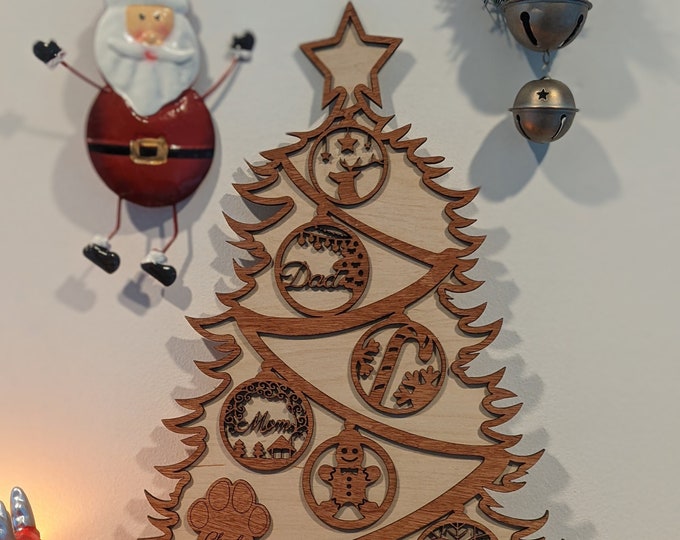 Personalized Wooden Christmas Tree Family Names and Christmas tags, Handcrafted Walnut Birch, Free Standing Tree for Unique Holiday Joy!