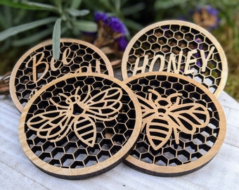 Bee Happy Wooden Coasters, Wood Coaster Set of 4,Engraved, Hand Painted - Maple Wood Coasters, Walnut, Oak - Natural Materials