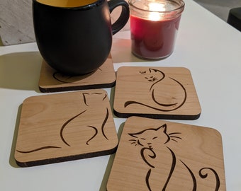 Custom Cat Wooden Coasters, Engraved Pet Portrait Coaster Set