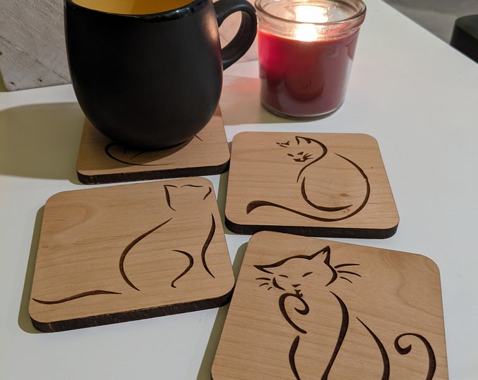 Custom Cat Wooden Coasters, Engraved Pet Portrait Coaster Set