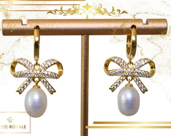Freshwater Pearl Bow Earrings: 14K Gold Plated, Bridal Costume Jewelry