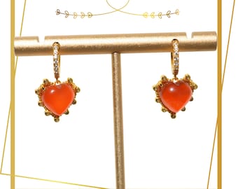 18K Gold Plated Sterling Silver Carnelian Heart Dangle Earrings