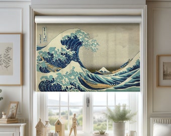 Great Wave Printed Roller Shades, Kanagawa Popular Artwork Roller Blinds, Living Room, Bedroom, Bathroom