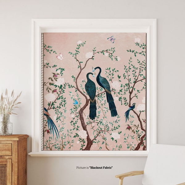 Pink Chinoiserie Roller Shade, Peacocks on a Tree Printed Roller Blind, Floral Pattern, Mural Art