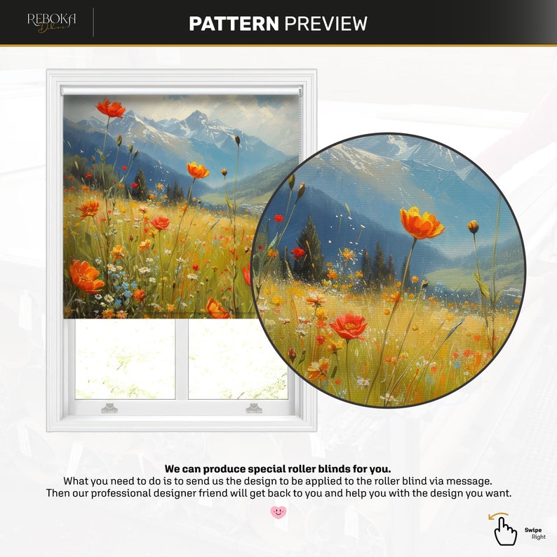 Rural Landscape Printed Roller Shade, Mountain Landspace Roller Blind, Oil Pinting Tulip Field Artwork