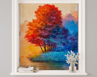 Autumn Forest Roller Shades for Kitchen, Oil Painting Landspace Artwork Colorful Roller Blinds, French Door, Living Room, Bathroom