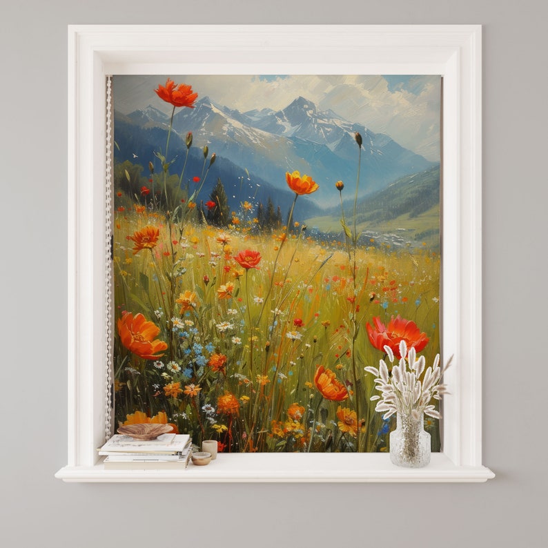 Rural Landscape Printed Roller Shade, Mountain Landspace Roller Blind, Oil Pinting Tulip Field Artwork