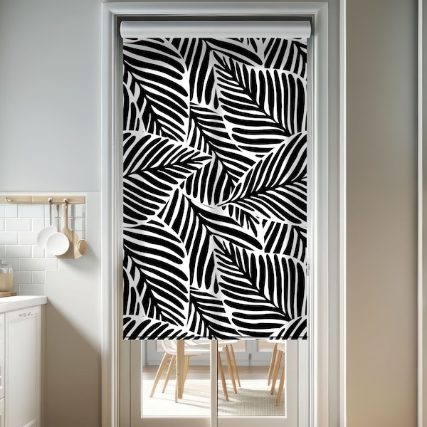 Monochrome Leaves Roller Shades, Exotic Plant Printed Roller Blinds for Farmhouse Window Decor, Jungle Modern Geometric Blinds