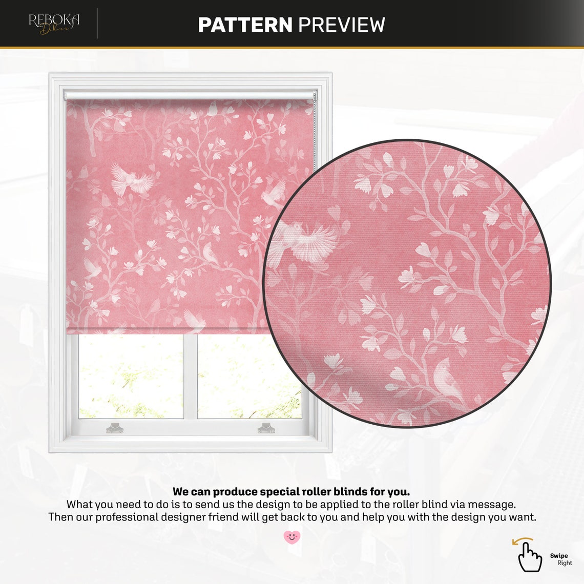 Pink Magnolia Tree Printed Roller Blind, Birds Patterned Blackout