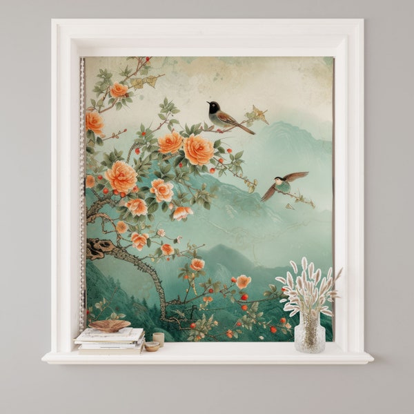 Mountain Landsapce Printed Roller Shade, Mint Green Roller Blinds, Birds in the Tree, Orange Flowers Blinds