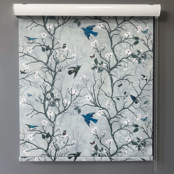 Flowers Forest and Roses Roller Shades, Blue branches and birds Roller Blinds, Kitchen Natural Roman Shades, Printed, Laundry Room, Gift