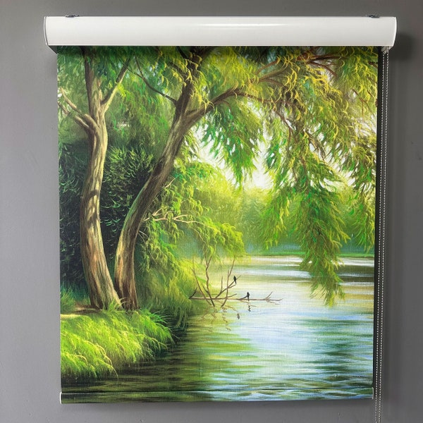 Green Trees and River Blackout Roller Shades, Oil Painting Artwork Roman Blind, Bathroom Window Décor, Bedroom and Livingroom Roman Shade