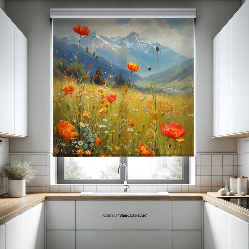 Rural Landscape Printed Roller Shade, Mountain Landspace Roller Blind, Oil Pinting Tulip Field Artwork