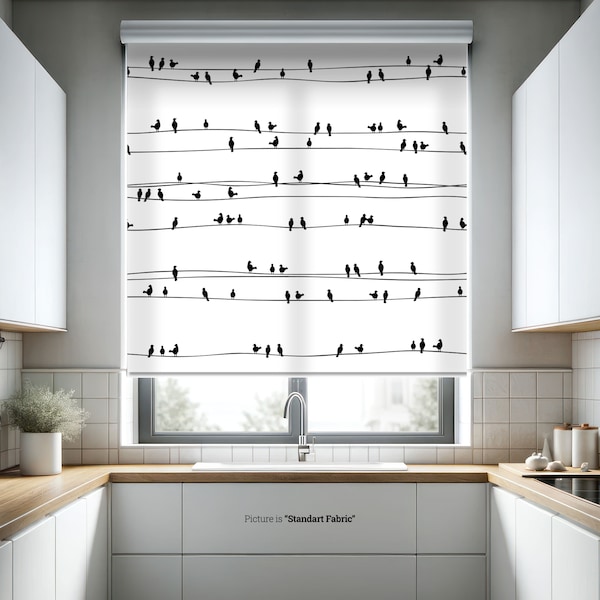 Birds Sitting on a Wire Roller Shades, Minimal Birds Patterned Printed Roller Blinds for Window, Kitchen Blinds Decor