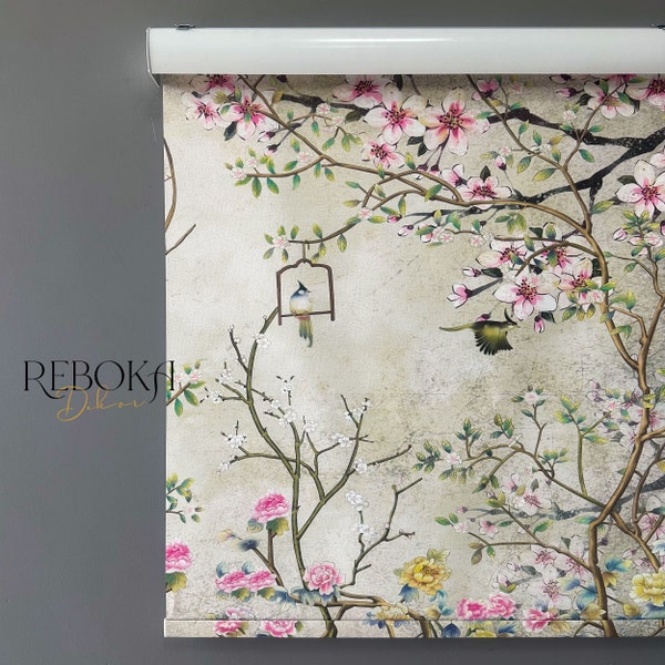 Chinoiserie Flowers and Birds Personalized Shades for French Doors, Cherry Blossom Linen Shades for Windows, Fabric Roller Shades Blackout