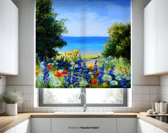 Field Near the Sea Roller Shade, Wild Flowers Artistic Oil Painting Roller Blinds for Window, Farmhouse Blinds